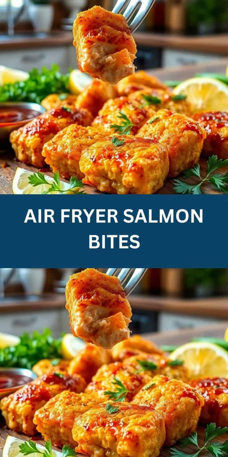 Golden-brown air fryer salmon bites garnished with parsley and lemon slices on wooden board.