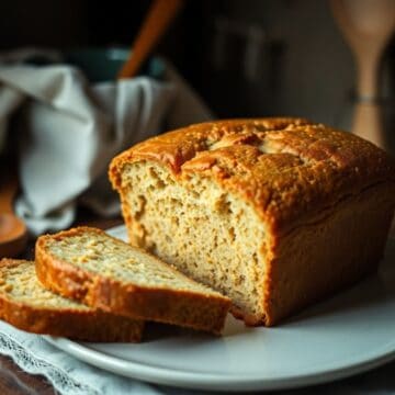 Sliced Amish friendship bread loaf with golden-brown crust on white plate, napkin and butter visible.