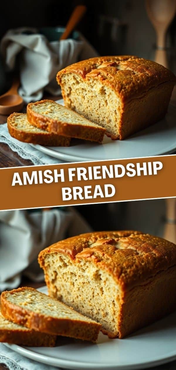Sliced Amish Friendship Bread loaf with golden-brown crust on white plate with kitchen items.