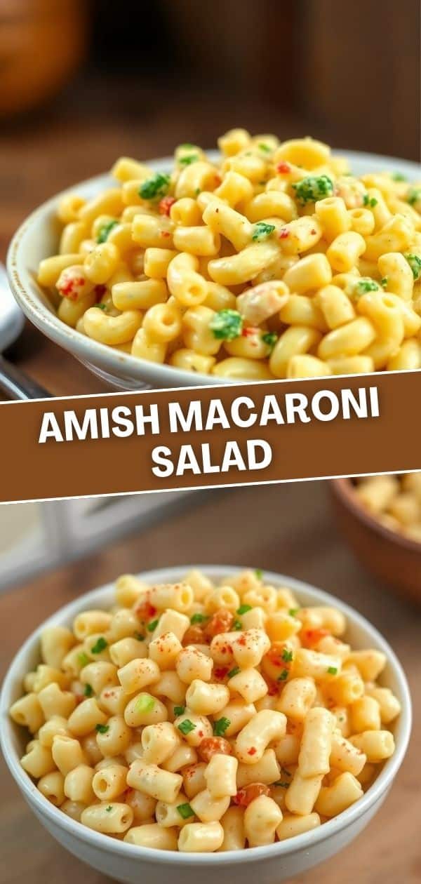 Two bowls of Amish macaroni salad with elbow pasta, fresh herbs, and red pepper garnish on white dishes.