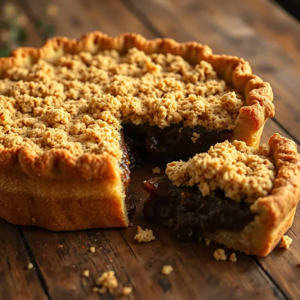 Amish shoofly pie with molasses filling and crumb topping, sliced on wooden surface.