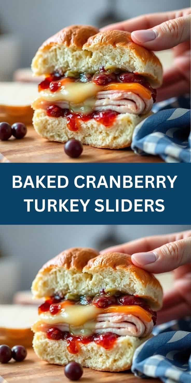 Hand holding a baked cranberry turkey slider with melted cheese and cranberry sauce on wooden board.