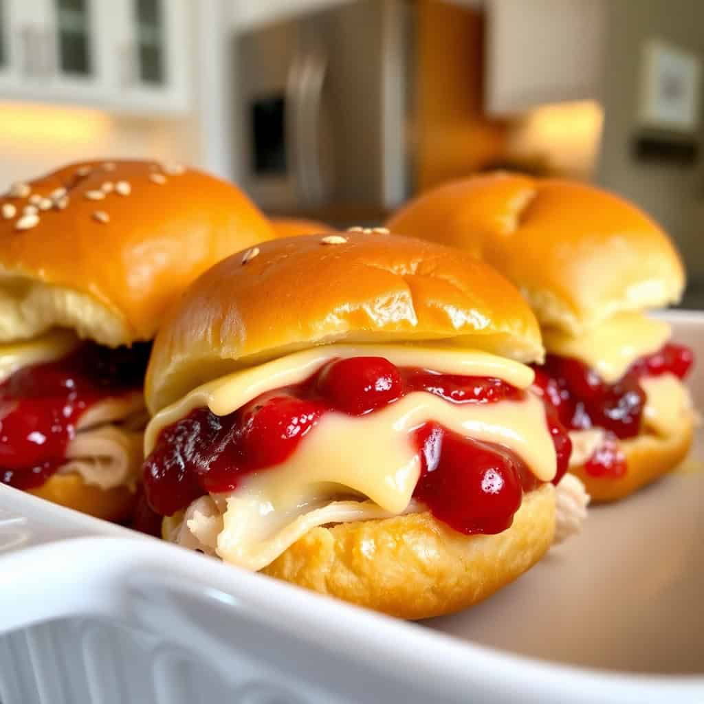 Three baked cranberry turkey sliders with melted cheese on sesame seed buns, plated on white dish.