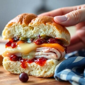 Hand holding a baked cranberry turkey slider with melted cheese and jam on a wooden surface.