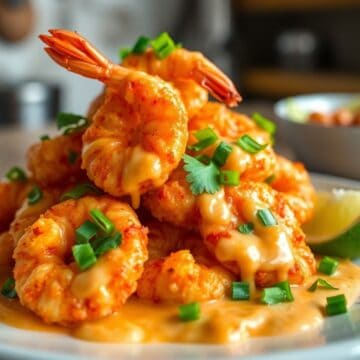Bang Bang Shrimp stacked on white plate with creamy orange sauce and green onion garnish.