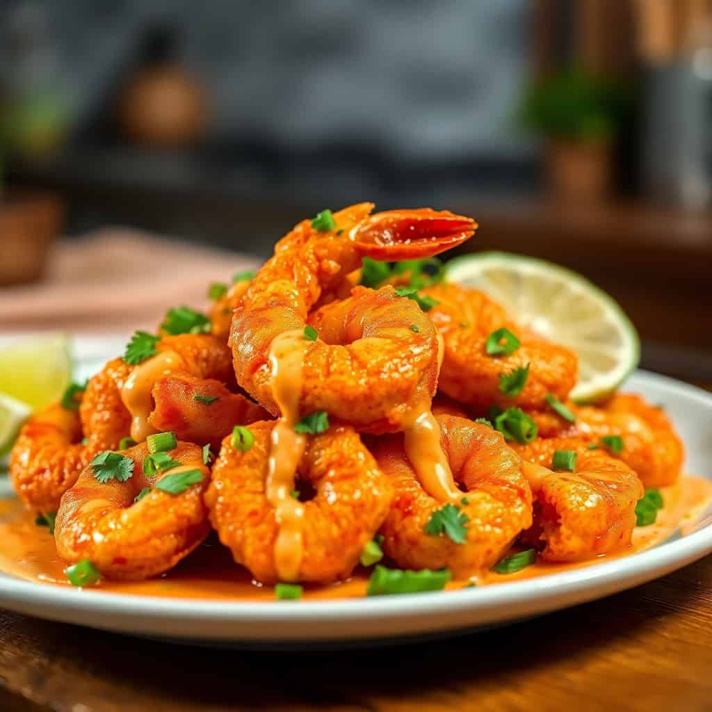 Bang Bang Shrimp piled on white plate, garnished with cilantro and lime wedge, vibrant orange glaze.