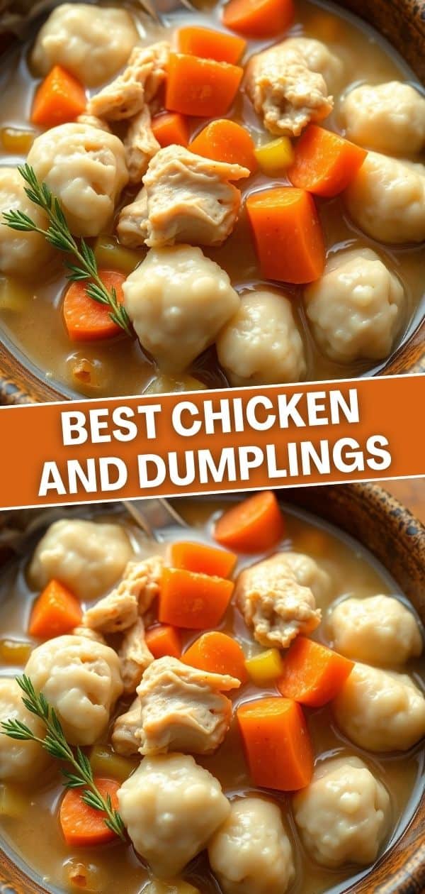 Chicken and dumplings in broth with carrots and rosemary garnish in a bowl.