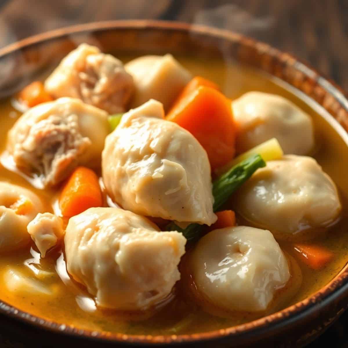 Chicken and dumplings in brown broth with carrots, potatoes, and green onion garnish in ceramic bowl.
