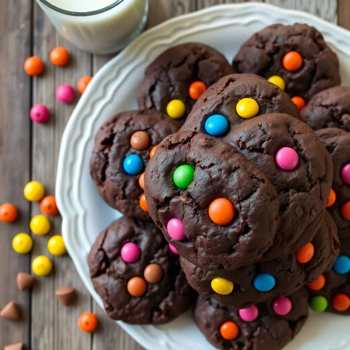 Chocolate M&M cookies with colorful candy on white plate, glass of milk beside.