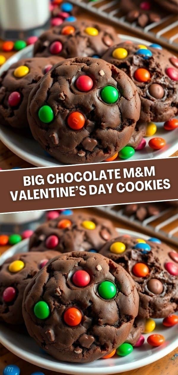 Big chocolate M&M cookies on white plate with colorful candy pieces scattered around.