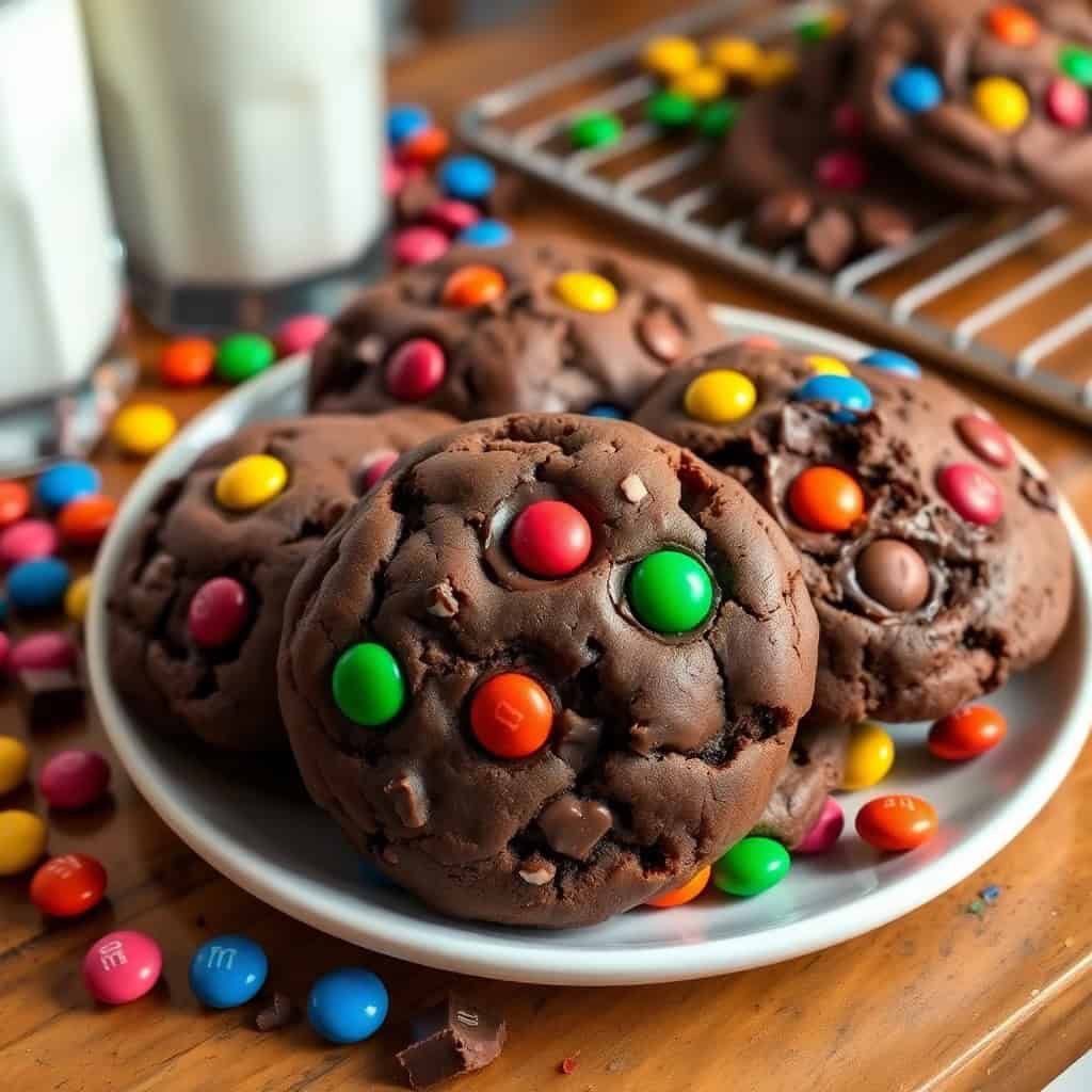 Chocolate M&M cookies on white plate with colorful candies scattered on wooden surface and glass of milk.
