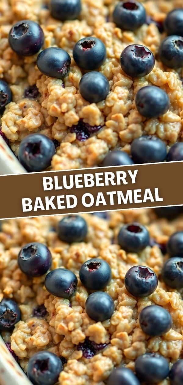 Blueberry baked oatmeal in white bowl topped with fresh blueberries and purple berry swirls.
