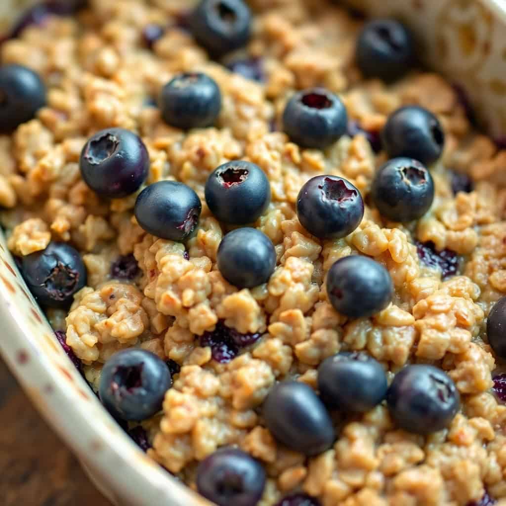 Blueberry baked oatmeal in white dish with fresh blueberries and golden oat texture.