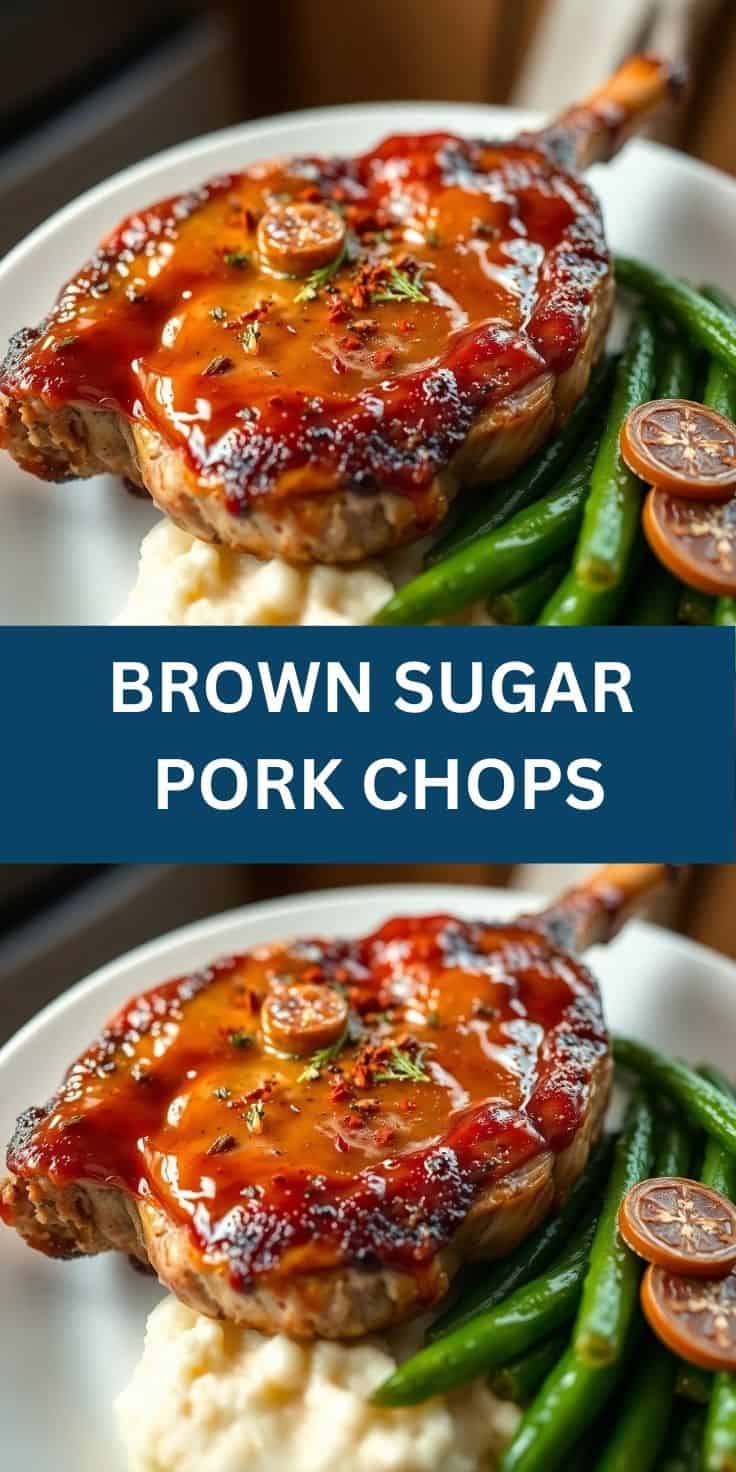 Brown sugar pork chops glazed and caramelized, served with green beans and mashed potatoes on white plate.