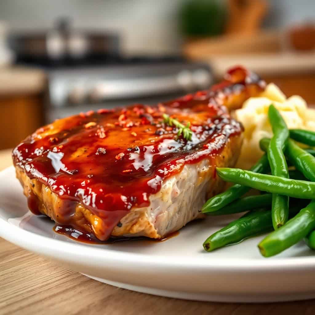 Glazed brown sugar pork chop with green beans and mashed potatoes on white plate.