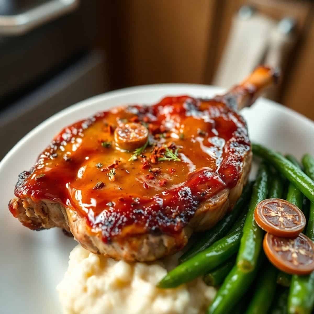 Glazed brown sugar pork chop with mashed potatoes, green beans, and orange slices on white plate.