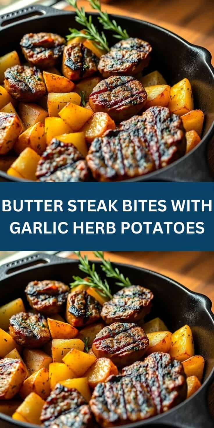 Seared butter steak bites with roasted garlic herb potatoes in cast iron skillet, garnished with rosemary.