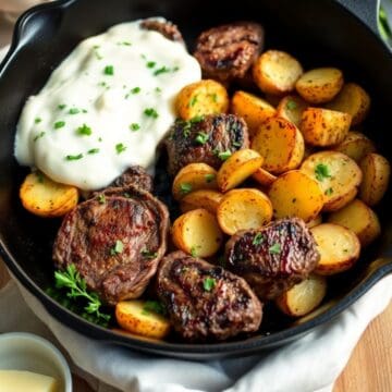 Butter steak bites with garlic herb potatoes in cast iron skillet, topped with sour cream and chives.