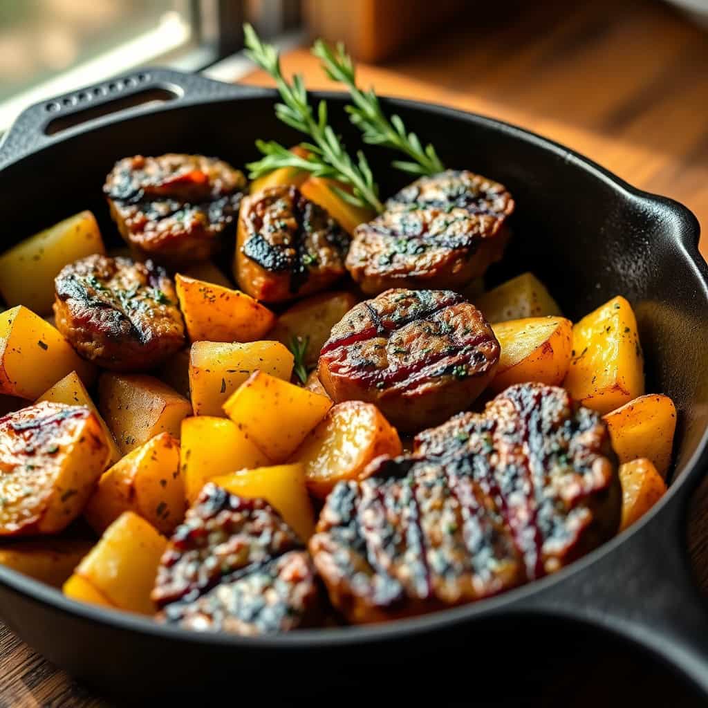 Butter steak bites with garlic herb potatoes in cast iron skillet, garnished with fresh rosemary.