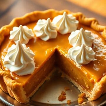 Butterscotch pie with golden filling, fluted crust, one slice removed, topped with piped whipped cream dollops.