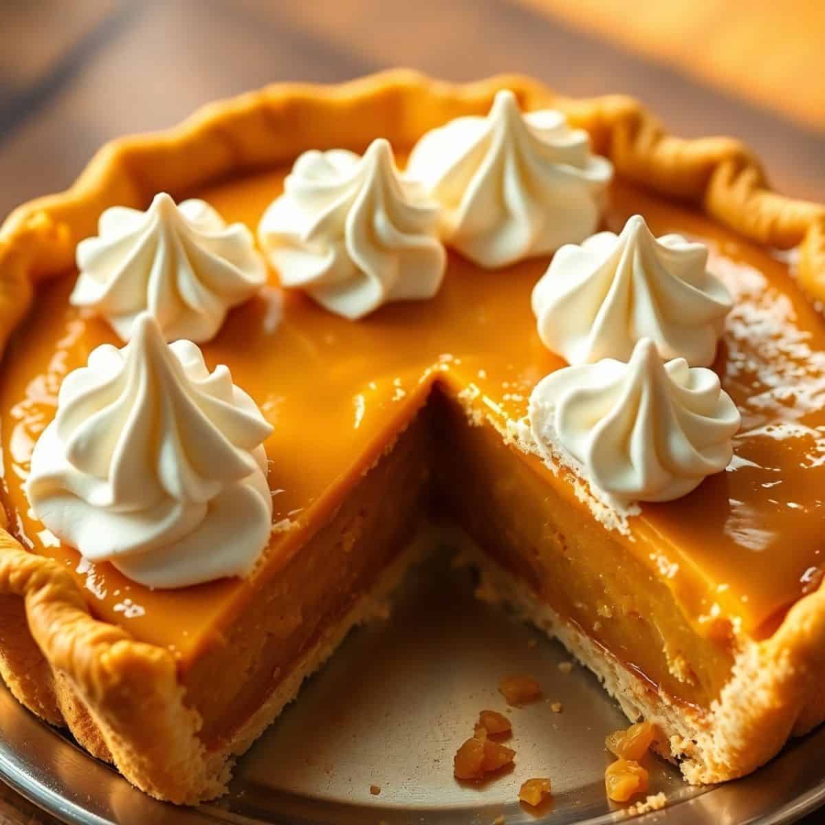 Butterscotch pie with golden filling, fluted crust, one slice removed, topped with piped whipped cream dollops.