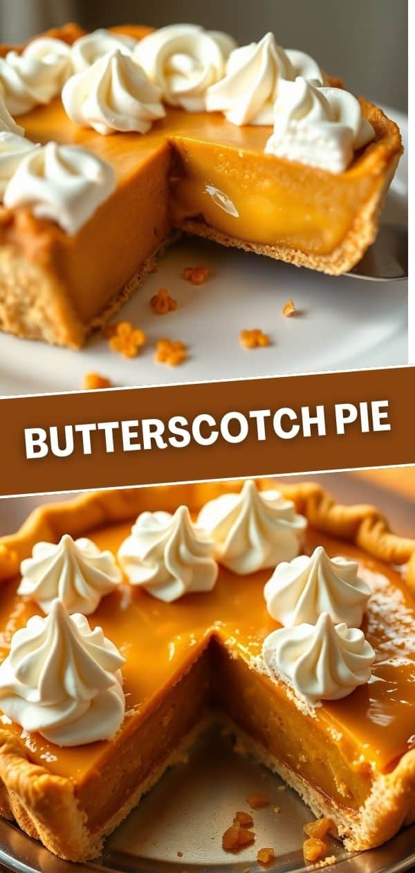 Butterscotch pie with golden filling, graham cracker crust, whipped cream rosettes, and caramel drizzle.