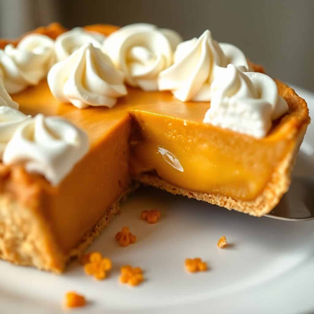 Butterscotch pie slice with graham cracker crust, whipped cream rosettes, and caramel drizzle on white plate.