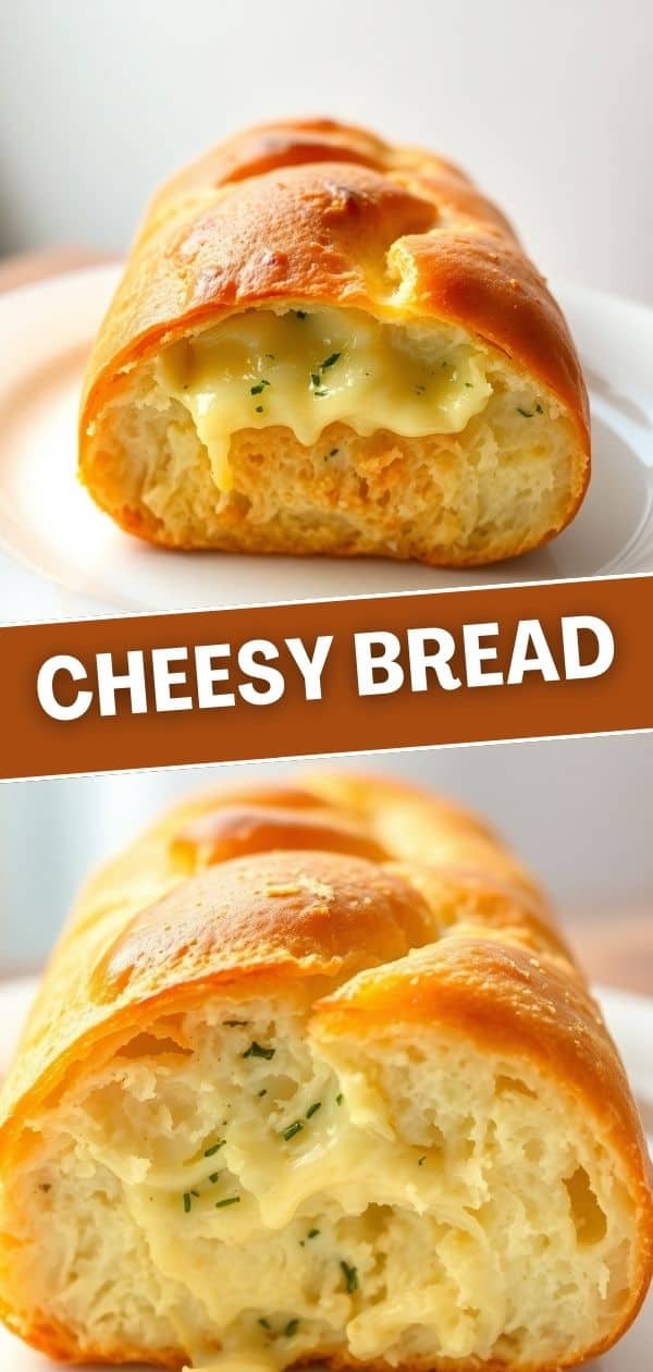 Golden-brown cheesy bread roll filled with melted cheese and herbs, cross-section view on white plate.