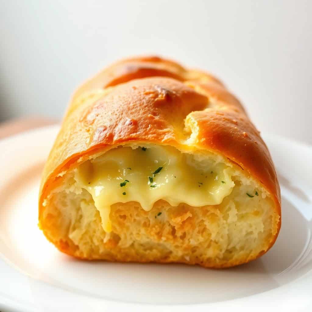 Cheesy bread roll with melted cheese filling and herb garnish on white plate.