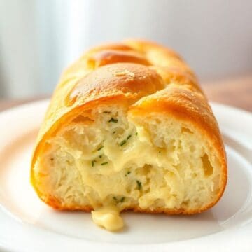 Cheesy bread roll with melted butter and chives on white plate, golden-brown crust.