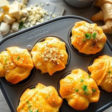 Golden cheesy garlic cruffins in a muffin tin, garnished with parsley and seasoning.