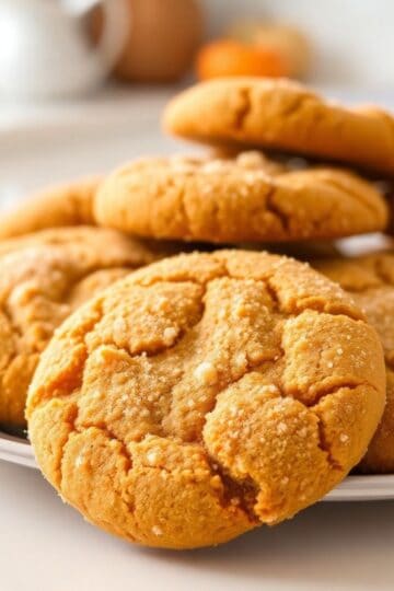 Chewy pumpkin snickerdoodle cookies with crinkled tops on plate, fresh oranges blurred in background.