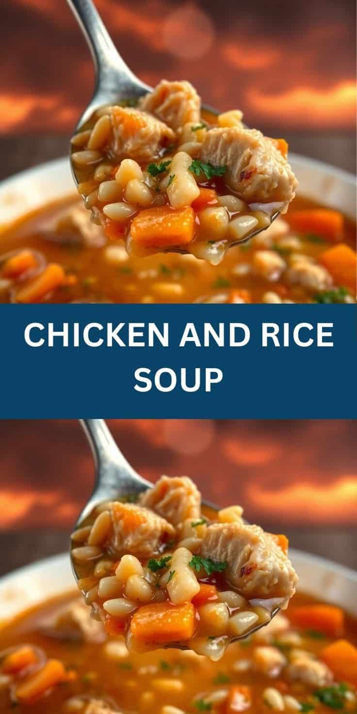 Spoon holding chicken and rice soup with carrots, beans, and parsley garnish over bowl.