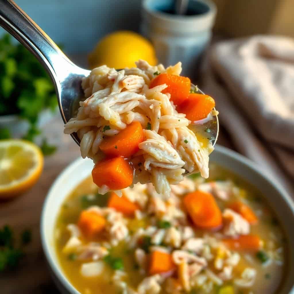 Spoonful of chicken and rice soup with diced carrots, herbs, and broth in white bowl.