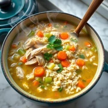 Chicken and rice soup in teal Dutch oven, garnished with cilantro, carrots, and celery.