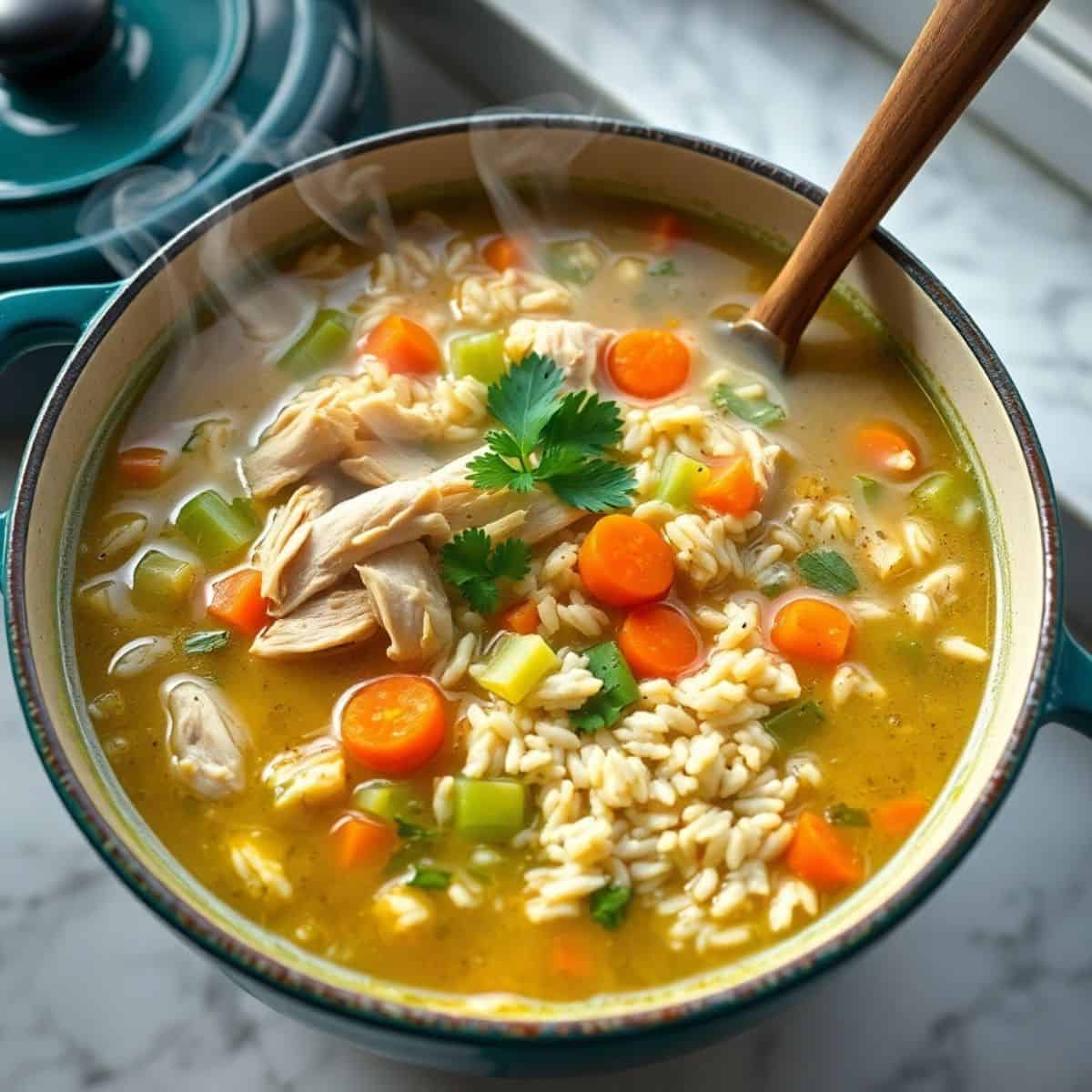 Chicken and rice soup in teal Dutch oven, garnished with cilantro, carrots, and celery.