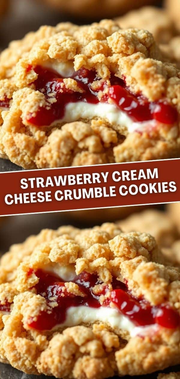Strawberry cream cheese crumble cookies with red jam filling and crumbly golden oat topping on dark surface.