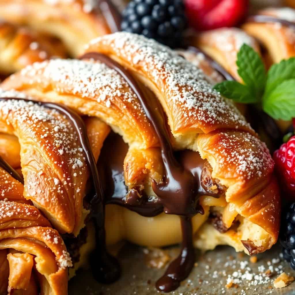 chocolate croissant breakfast bake golden brown baked in pan with powdered sugar