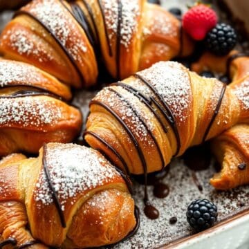 chocolate croissant breakfast bake close up golden top with powdered sugar