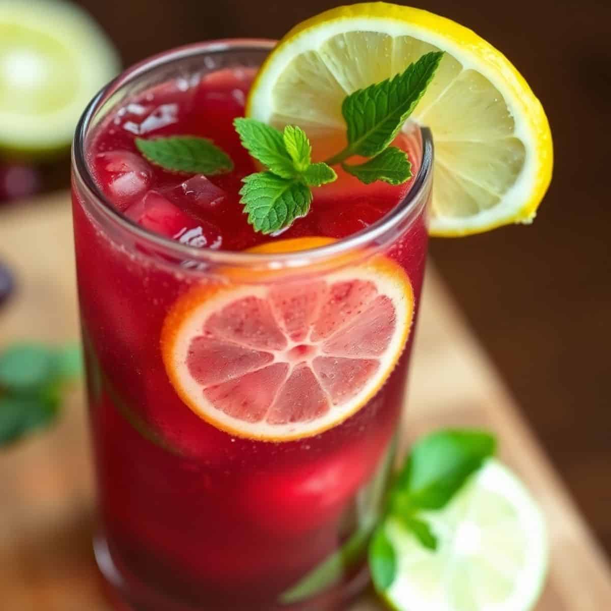 Christmas Mojito cocktail with red liquid, ice, grapefruit and lemon slices, fresh mint garnish.
