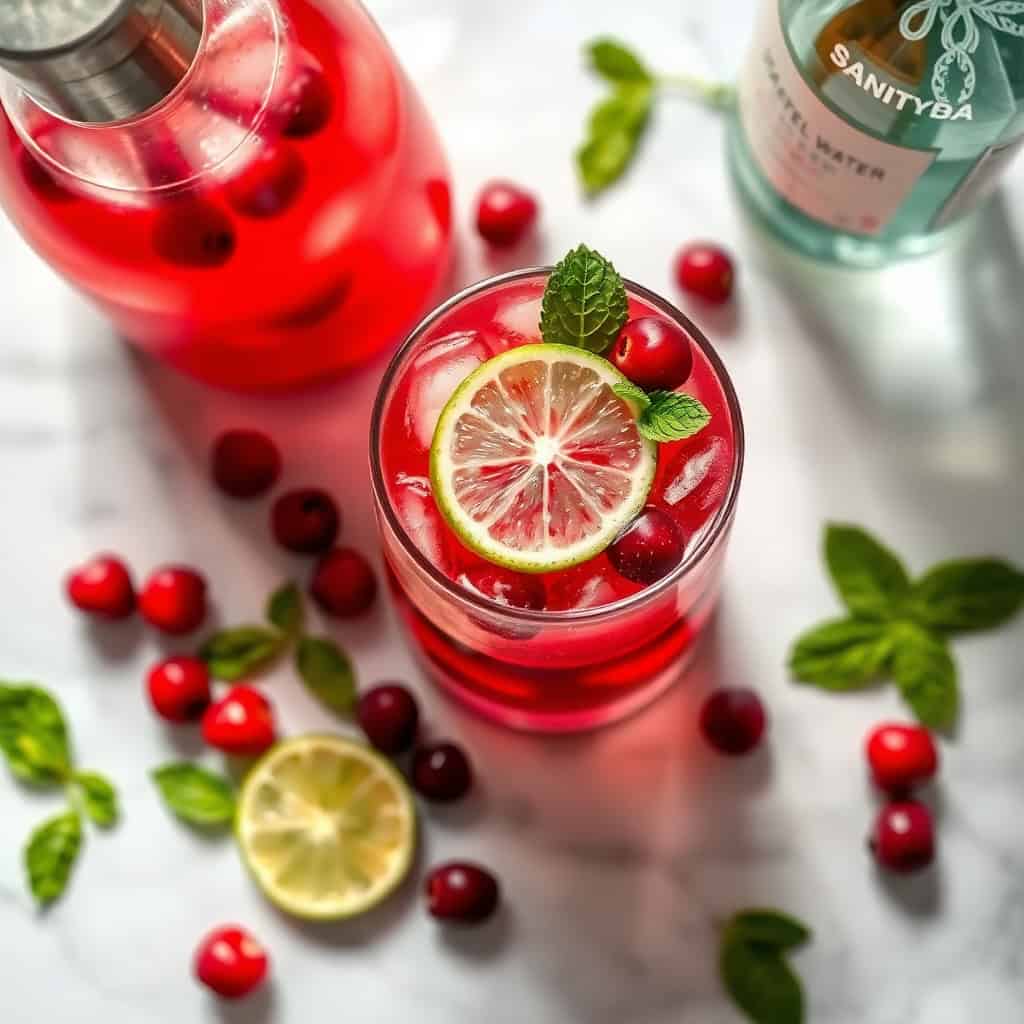 Christmas Mojito cocktails with cranberries, grapefruit slices, mint garnish, and ice in glasses.