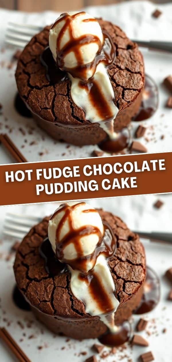 Hot fudge chocolate pudding cake with vanilla ice cream, caramel drizzle, and cracked chocolate exterior.