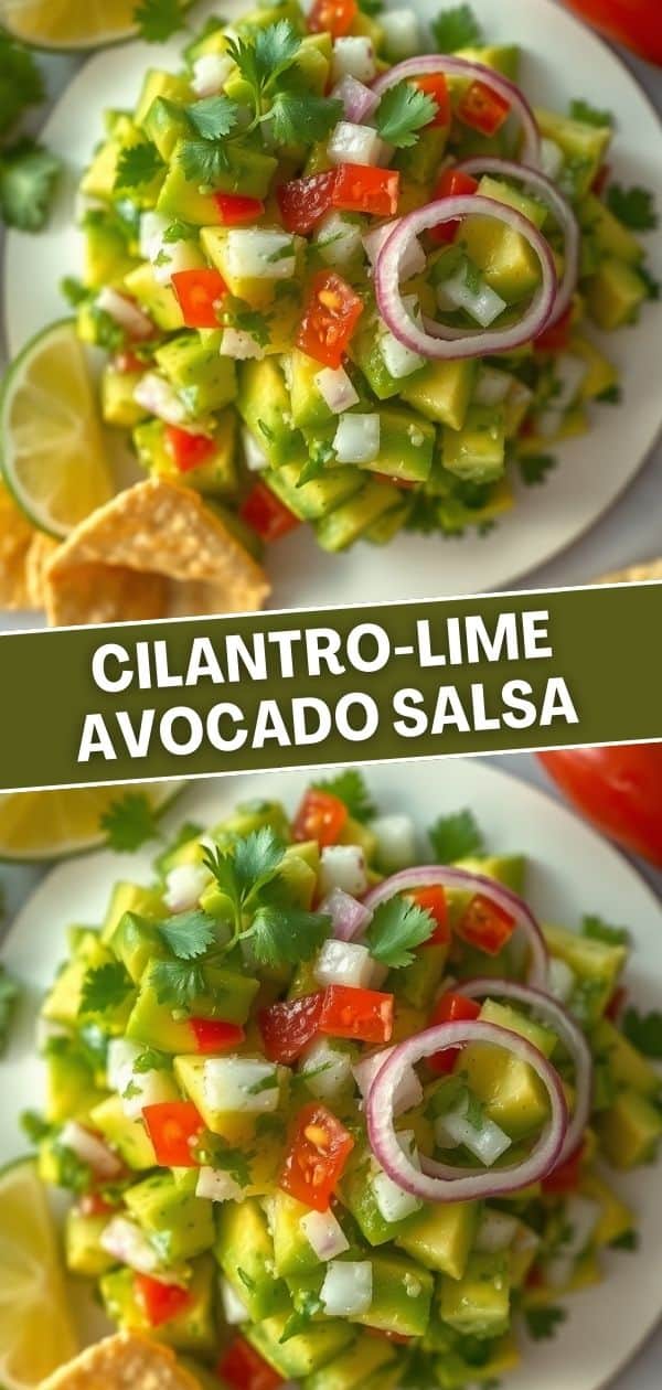 Cilantro-lime avocado salsa with diced red peppers, onions, and fresh herbs on white plate with lime wedges.