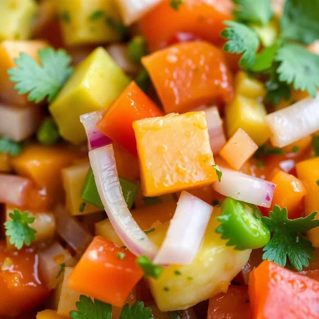 Colorful diced salsa with pineapple, bell peppers, red onion, and cilantro garnish in close-up.
