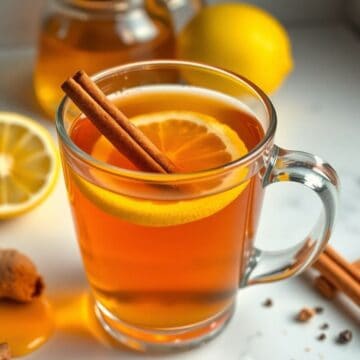 Cinnamon sore throat tea in glass mug with lemon slice and cinnamon stick garnish.
