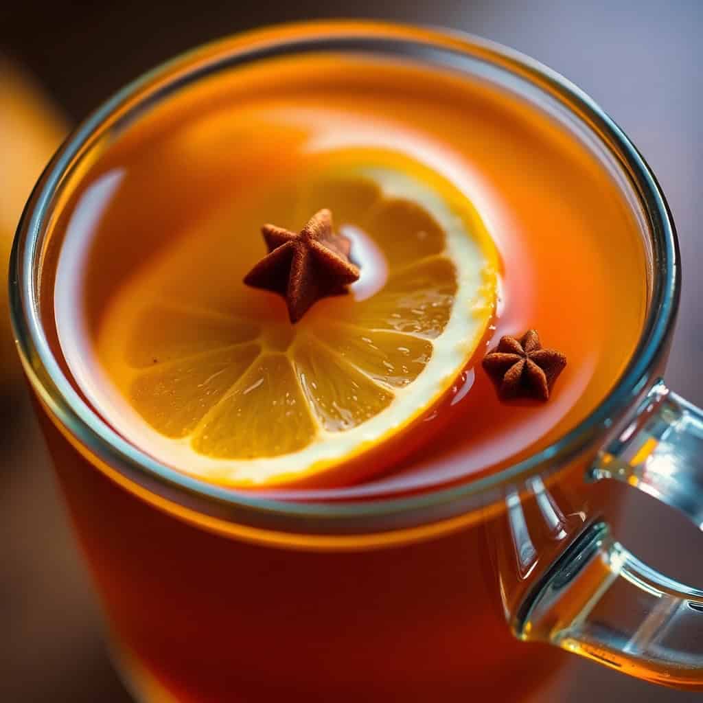 Cinnamon sore throat tea in glass mug with orange slice and star anise garnish.