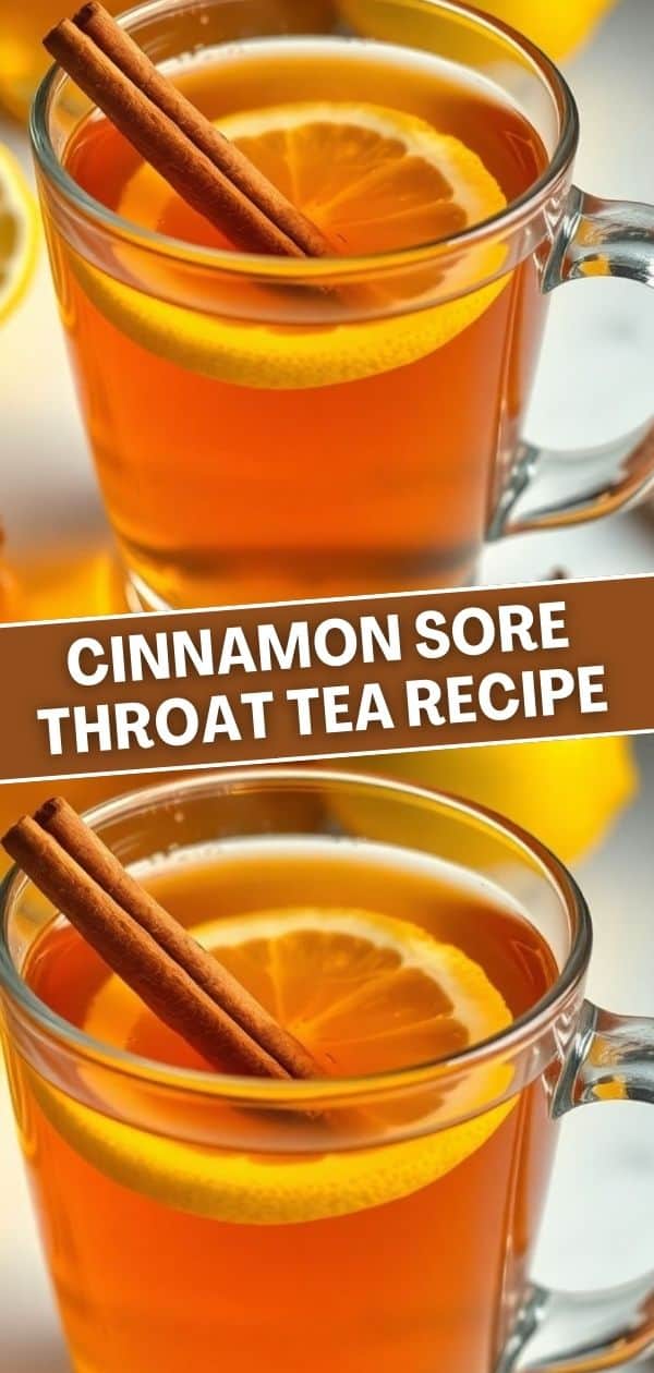 Cinnamon sore throat tea in clear glass mug with orange slice and cinnamon sticks garnish.