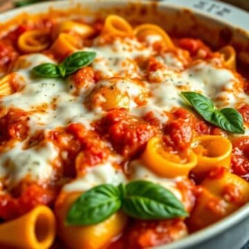 Baked stuffed shells with melted cheese, tomato sauce, fresh basil garnish in white bowl.