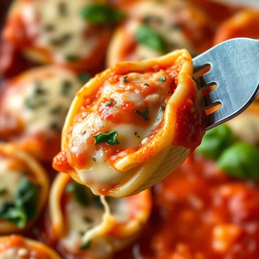 Stuffed shell pasta topped with melted cheese and tomato sauce, garnished with fresh parsley, held on fork.