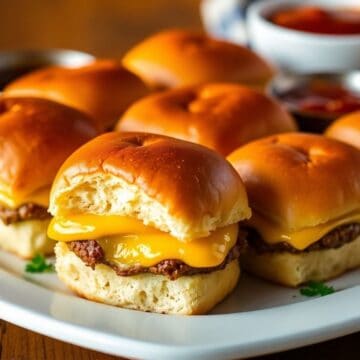 Golden brioche slider buns filled with bacon and melted cheese, garnished with parsley on white plate.
